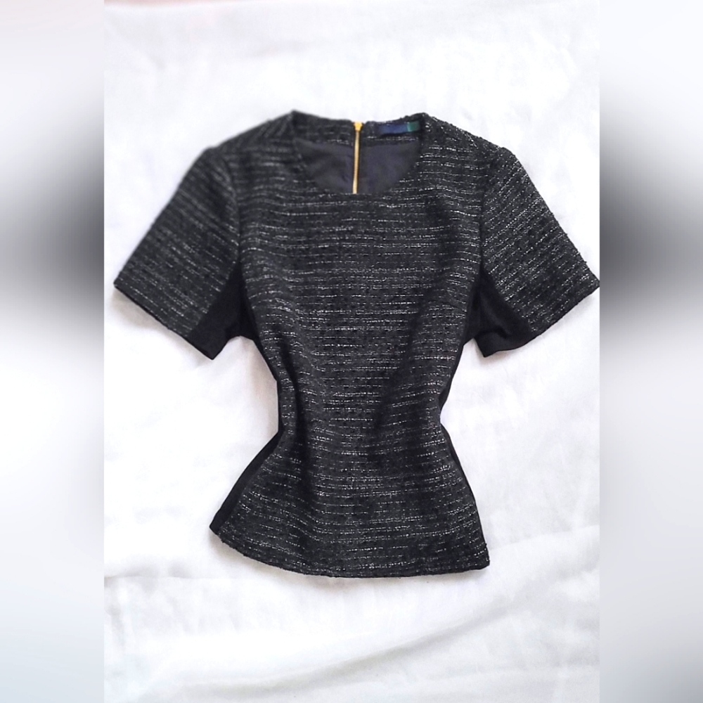 NWOT! Fall Chic Tweed Blouse Gold Zipper Back Preppy Striped Women's Top Small